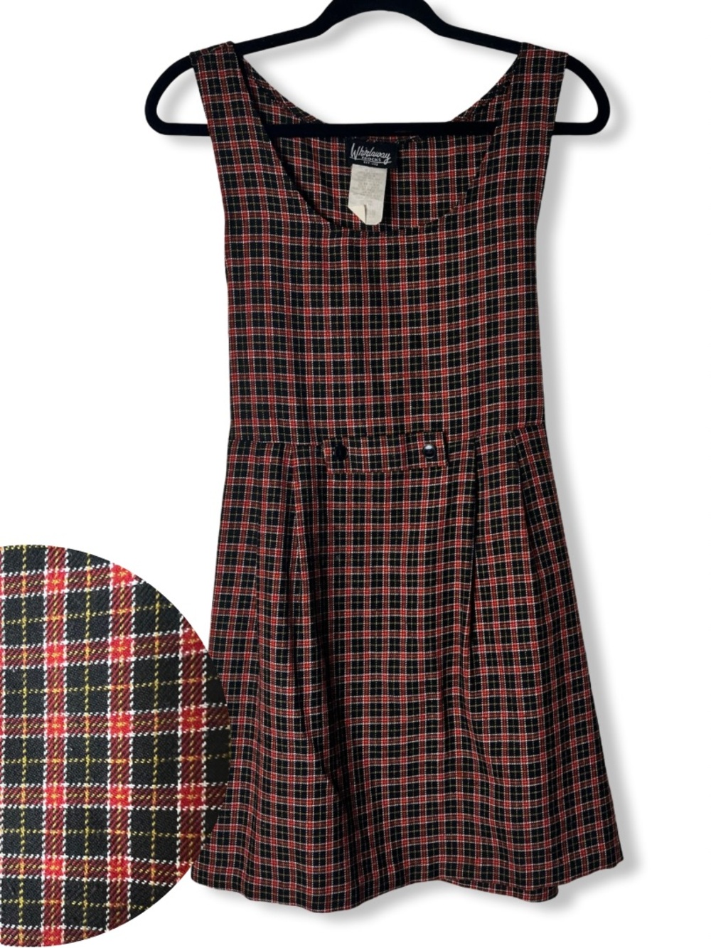Whirlaway Frocks Vtg Plaid Tie Back Jumper Dress Sz 12p Red Black Plaid